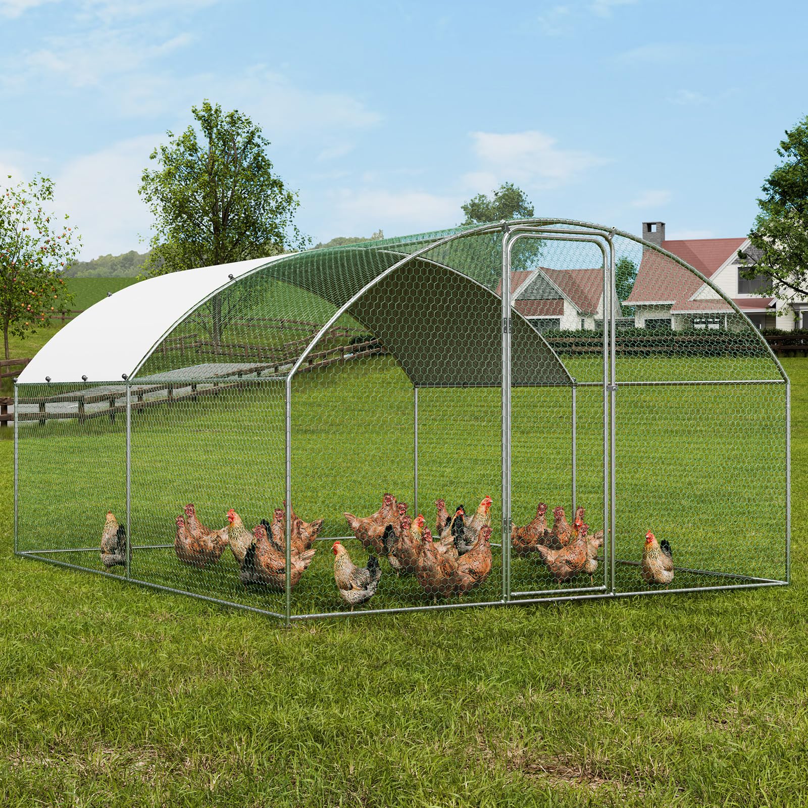 VEVOR Large Metal Chicken Coop with Run, Walkin Poultry Cage for Yard with Waterproof Cover, 13.1 x 9.8 x 6.4 ft Peaked Hen House, Duck and Rabbit, Silver, Spire Roof - WoodArtSupply