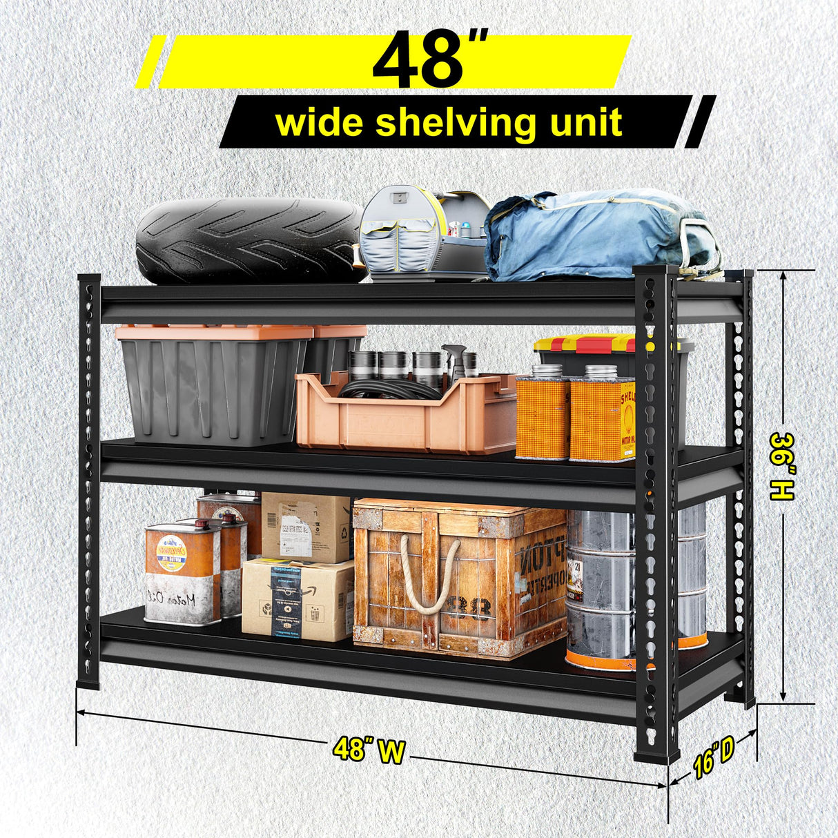 Huhaneon Garage Shelves Heavy Duty - 48''W 1,500Lbs Metal Adjustable Storage Shelving Rack Units for Warehouse Basement 48" W x 16" D x 36" H 3 Tier Black Huhaneon