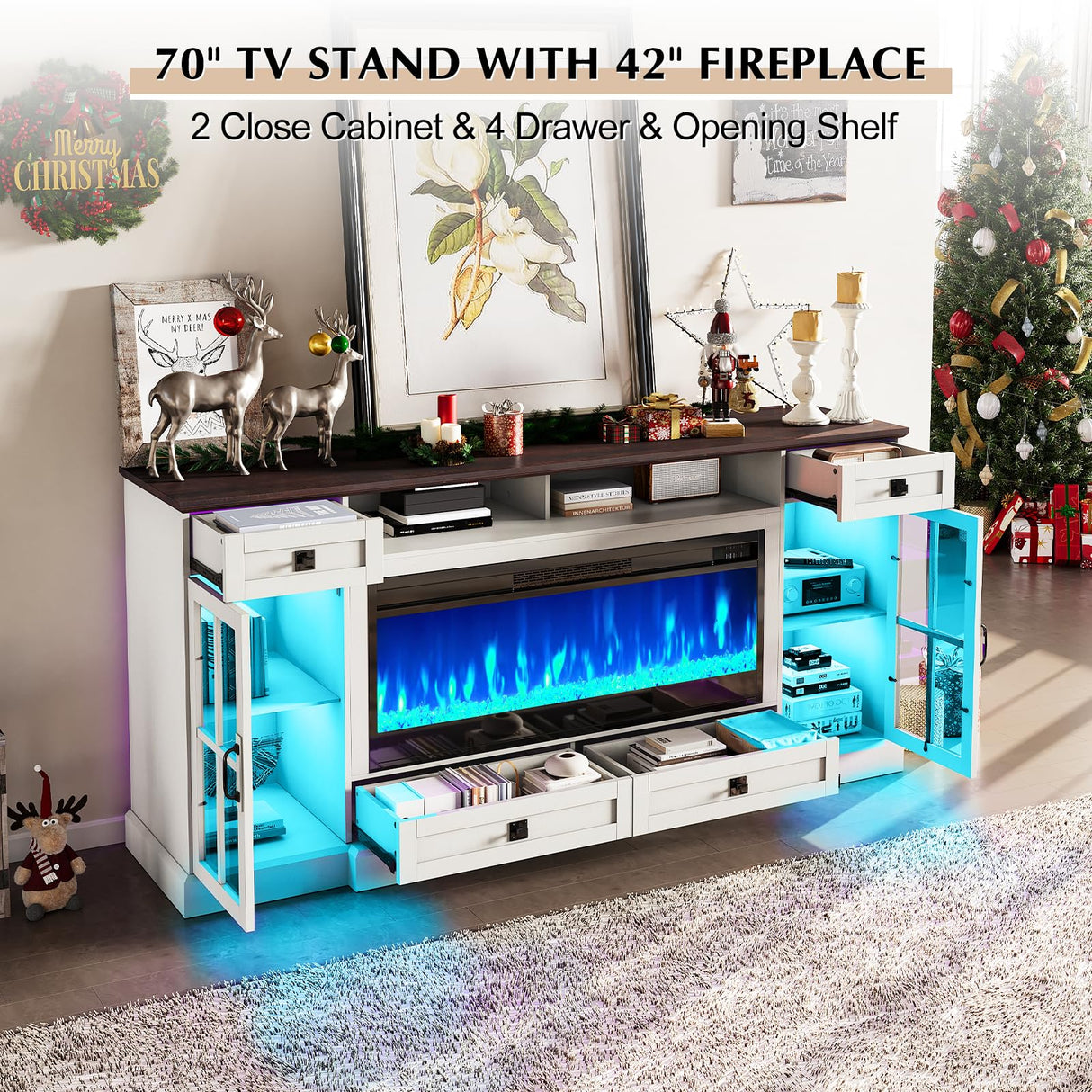 LUXOAK 70'' Large Fireplace TV Stand with 42" Fireplace, Farmhouse Entertainment Center with LED Lights for TVs up to 80'', Highboy TV Console Table with Glass Door for Living Room, Barnwood+White LUXOAK