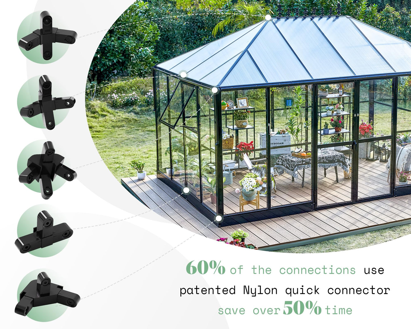 AMERLIFE 14x9.5x9 FT Hybrid Polycarbonate Greenhouse Quick Connector Fast Assembly, Swing 2 Doors Clear Panels, Walk-in Large Aluminum Greenhouse Winter Greenhouse for Outdoors, Black