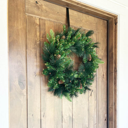 Papyrus 24" Pre-Lit Carolina Pine Artificial Wreath, Pine Cones, Warm White Light, Battery Powered, Indoor/Outdoor