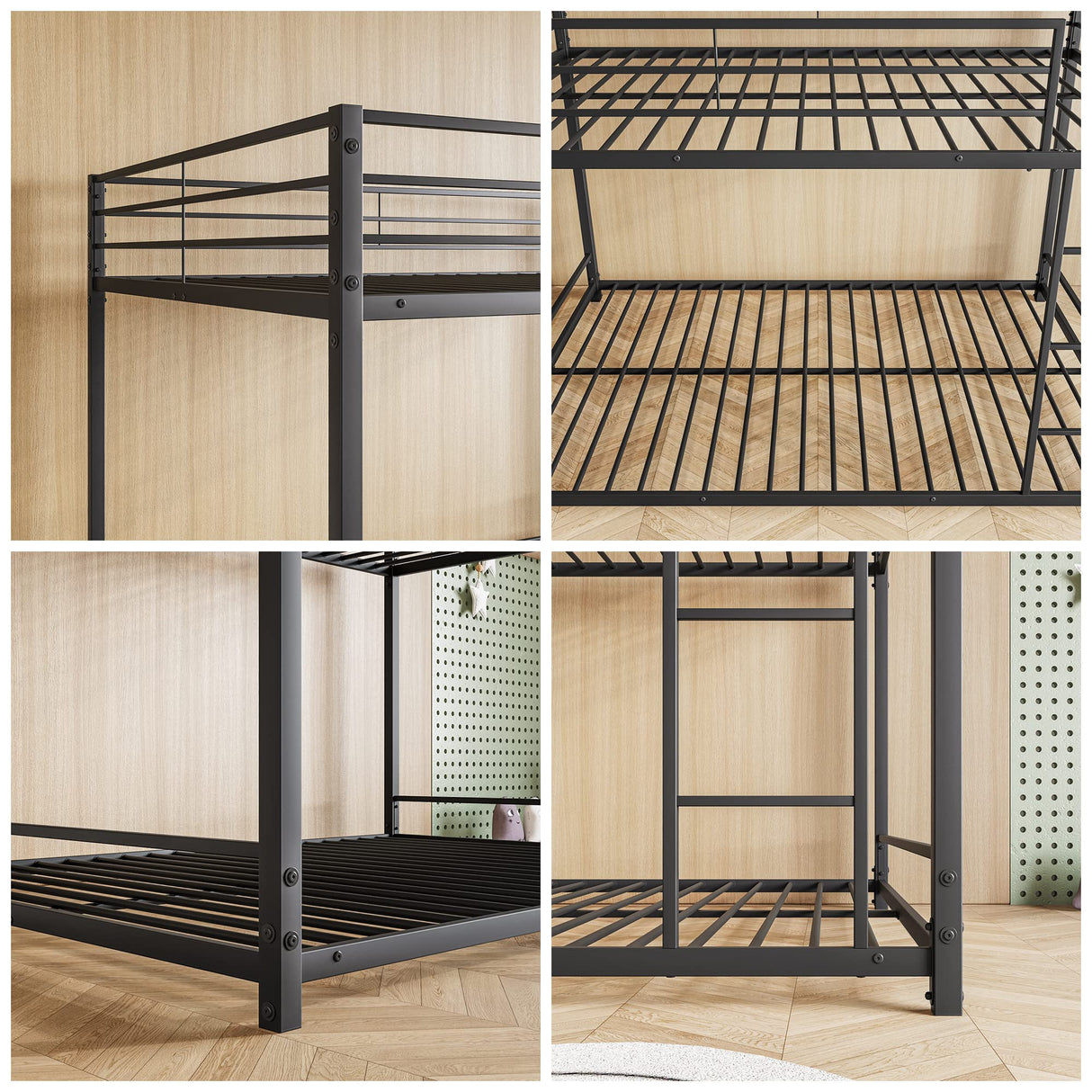 JURMERRY Metal Bunk Bed Full Over Full Beds with Sturdy Guard Rail & Ladder, Space-Saving Design No Box Spring Needed,Black JURMERRY