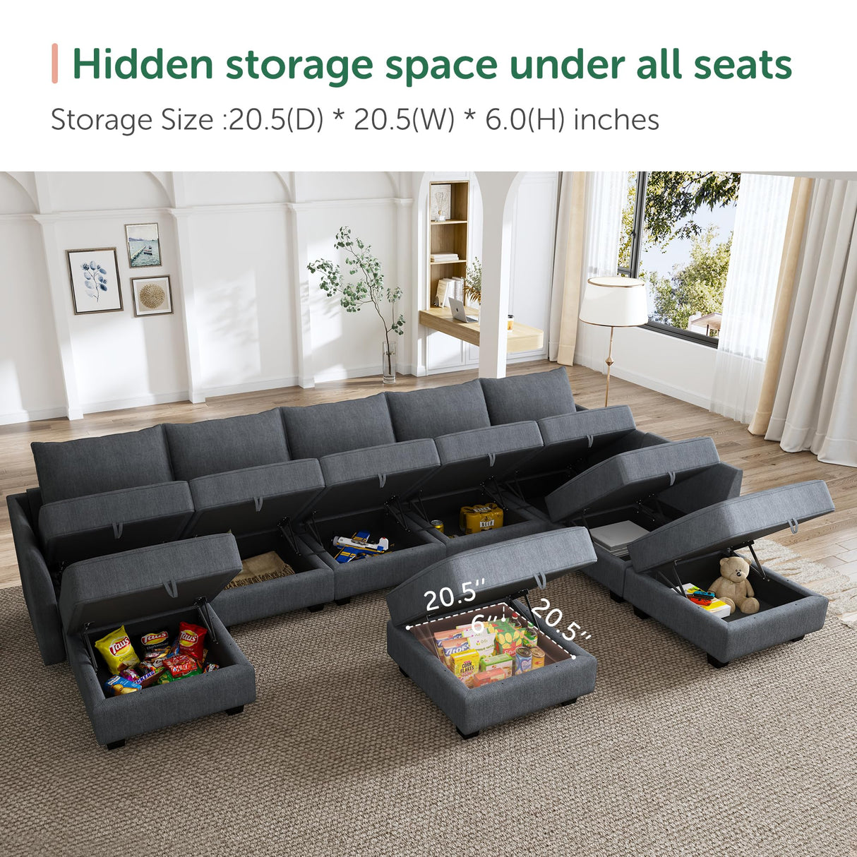 HONBAY Modular Sectional Sofa with Storage Reversible Sectional Modular Sofa Couch with Ottomans U Shaped Sectional Couch for Living Room, Bluish Grey HONBAY