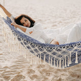 Backyard Hammock with Tassels,Garden Hammocks with Portable Carry,Bag Deluxe Macrame Fringe for Patio,Garden,Backyard,Beach,Outdoor and Indoor Porch Fabric, Up to 450Lbs (Blue-Diamond) ROOITY