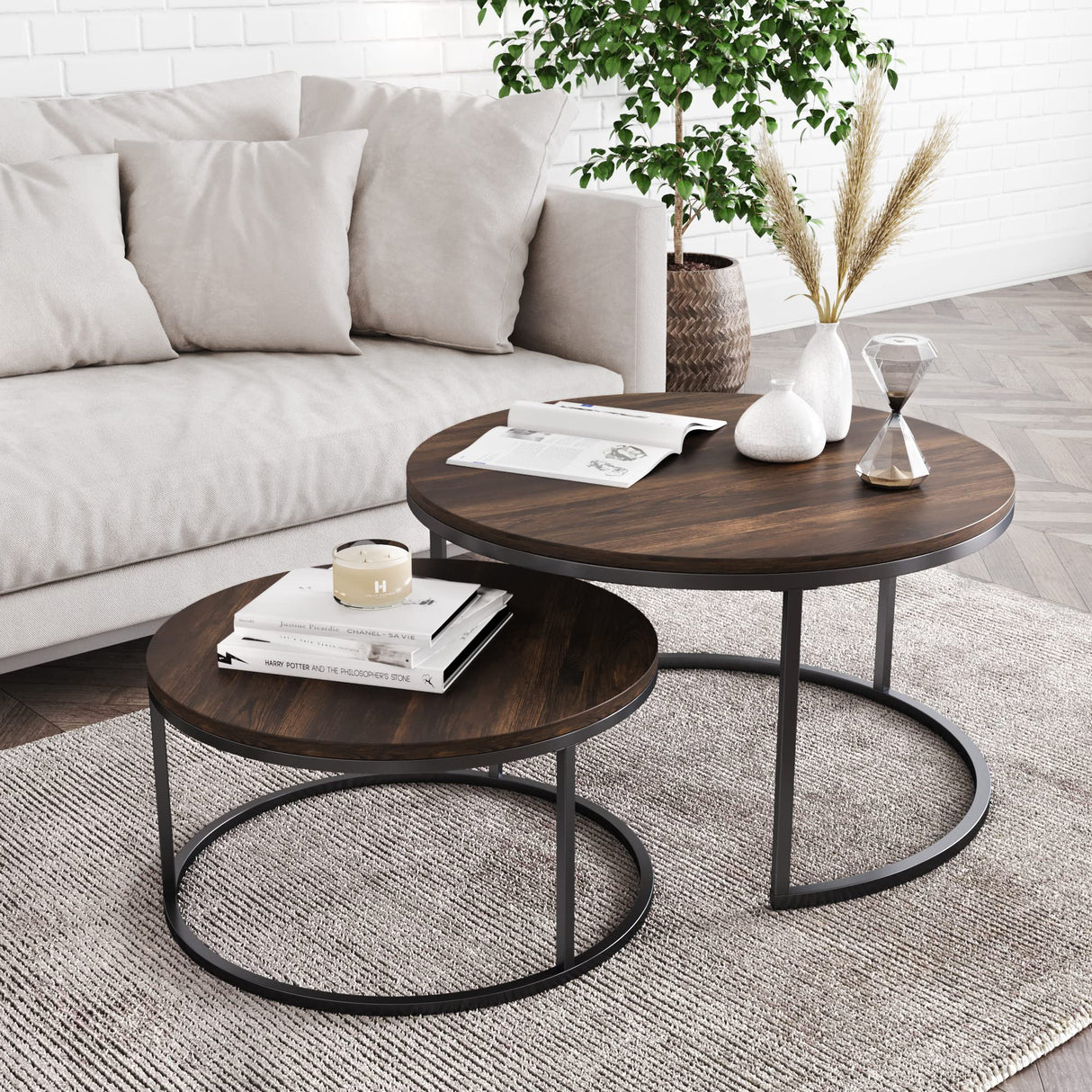 Nathan James Stella Round Modern Nesting Coffee Set of 2, Stacking Living Room Accent Tables with an Industrial Wood Finish and Powder Coated Metal Frame, Warm Nutmeg/Matte Black Nathan James