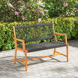 Tangkula Acacia Wood Outdoor Bench with Breathable Rope, 2-Person All-Weather Patio Seating Tangkula