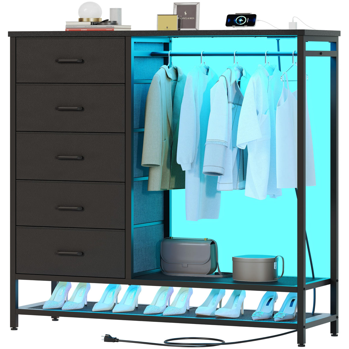 Dresser for Bedroom, Dresser with Hanging Rack Led Lights and Charging Station, Black Bedroom Dresser with 5 Fabric Chest of Drawers with PU Finish Storage Organizer, for Living Room Kids Room, Black SOOWERY