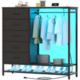 Dresser for Bedroom, Dresser with Hanging Rack Led Lights and Charging Station, Black Bedroom Dresser with 5 Fabric Chest of Drawers with PU Finish Storage Organizer, for Living Room Kids Room, Black SOOWERY