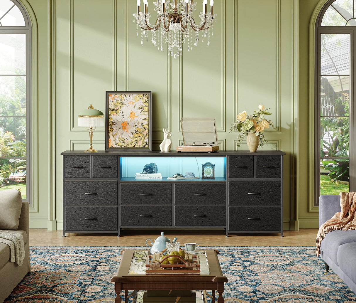 Huuger 63 Inch Dresser TV Stand with LED Lights, Power Outlets and USB-C Port, 12 Fabric Drawer Dresser for Bedroom, Wide Entertainment Center for 65, 70 Inch TV, Open Shelf, Black Huuger