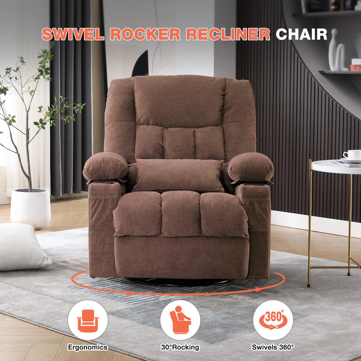 Massage Swivel Recliner Chair with Vibration Massage and Lumbar Heating for Adults,Oversized Rocker Recliner Single Sofa with Side Pocket,Two Cup Holders and USB Charge Port for Living Room MAHOMICO
