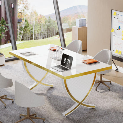 Tribesigns Luxury Modern Office Desk, White and Gold Large 63" Workstation, Elegant Executive Desk with High-Gloss Finish, Sturdy Metal Legs, Perfect for Home Office or Study