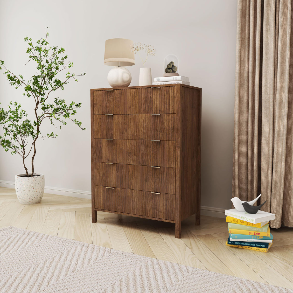 affeivul Mid Century Modern Dresser, 5 Drawer Dresser for Bedroom Wood, Farmhouse Wooden Storage Cabinet Side Table with Solid Wood Legs, Tall Skinny Nighstand for Closet, Living Room (Walnut) affeivul