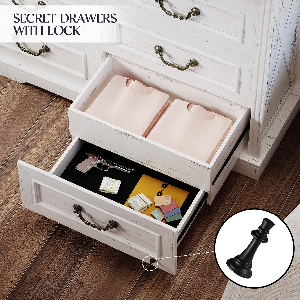 Lareth Farmhouse 6 Drawer Dresser for Bedroom 47 inch Wooden Double Chest of Drawers with Glass Top LED Lights Charging Station One Hidden Drawer Closet Dresser Tv Stand for Living Room, Antique White Lareth