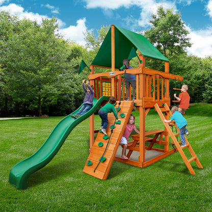 Gorilla Playsets 01-0061-AP-1 Chateau Tower Wooden Playset with Amber Posts, Slide, Climbing Wall, & Deluxe Green Vinyl Canopy - WoodArtSupply