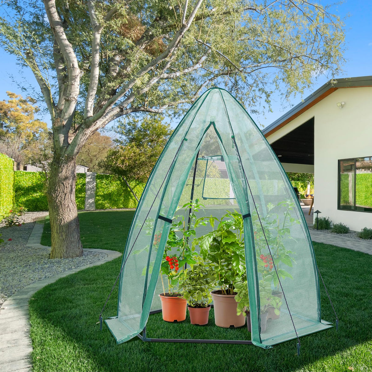 Portable Plant Protector from Animals, Ohuhu Greenhouse for Outsides with Durable PE Cover, Heavy Duty Green House with Zippered Door Mesh Window for Vegetables Flowers Fruits Herbs, 63x54x71 Inch Ohuhu