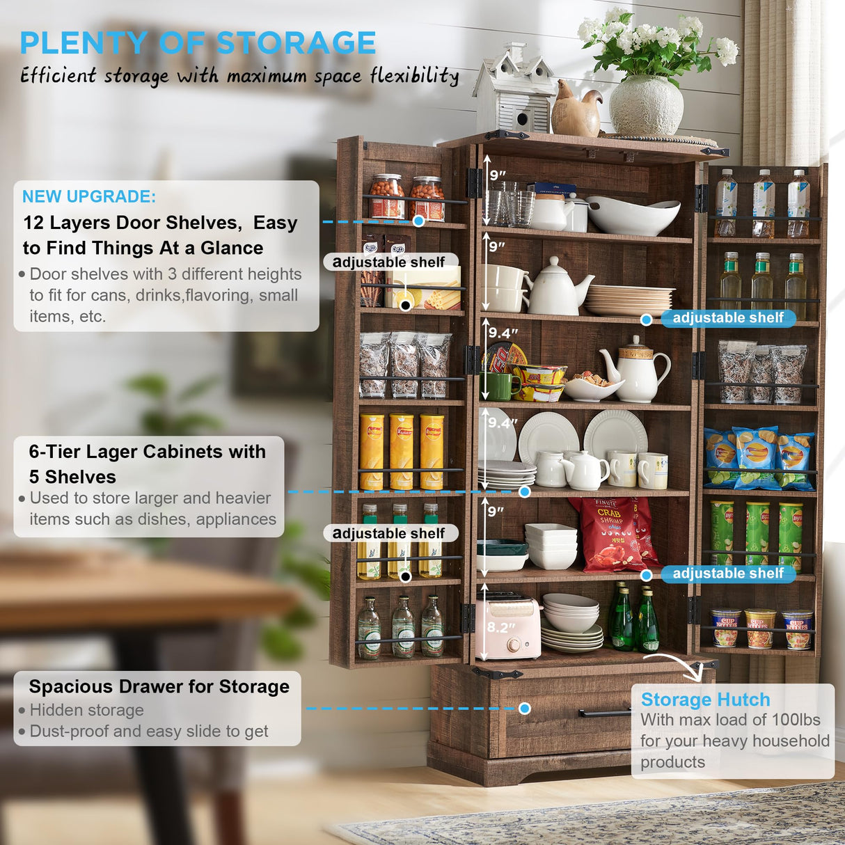 ACCOHOHO 72" Farmhouse Kitchen Pantry Cabinet with Drawer, Tall Storage Cabinet with 2 Barn Doors and Shelves, Versatile Large Rustic Cabinet for Dining Room, Bathroom, Living Room, Rustic Brown ACCOHOHO