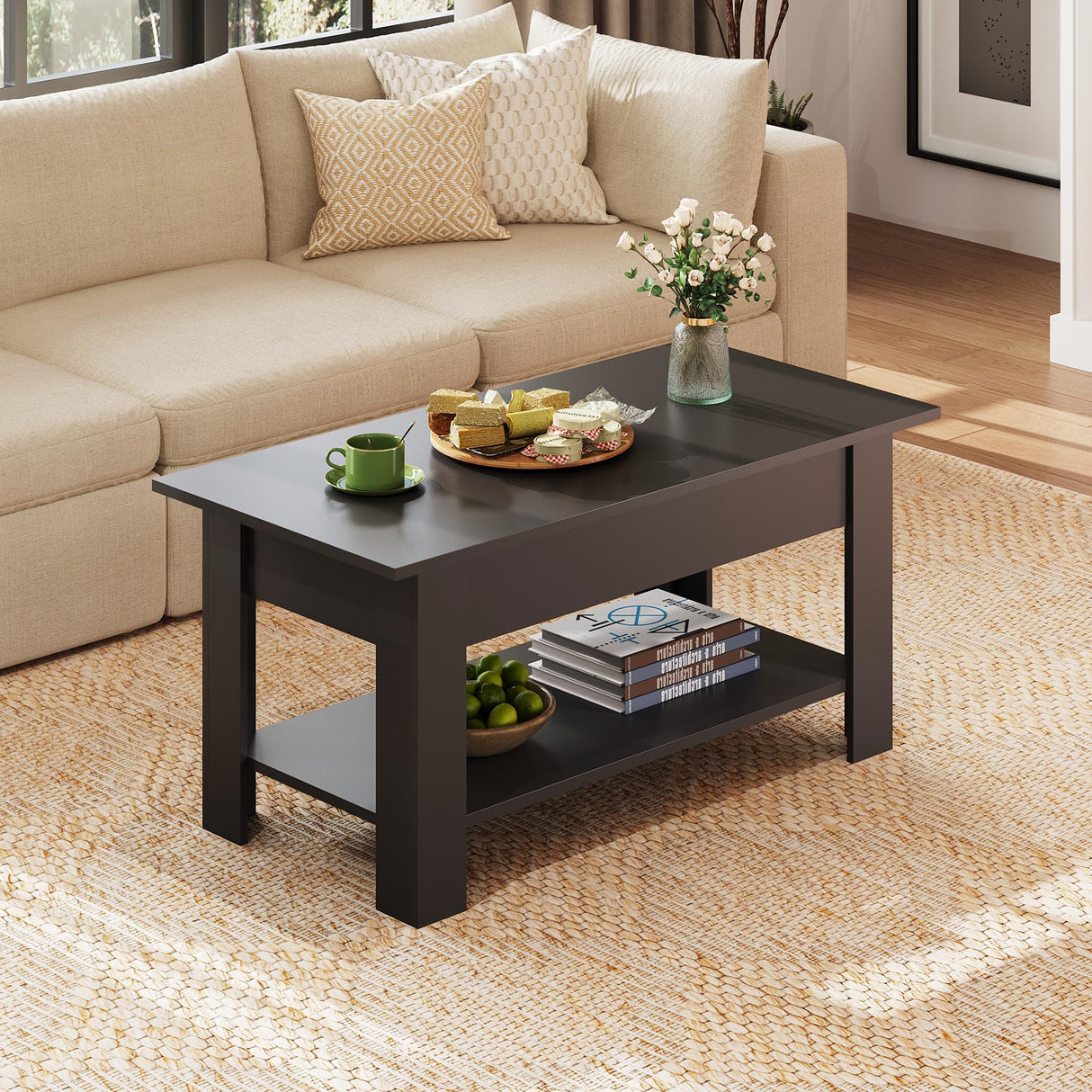 WLIVE Coffee Table, 39" Lift Top Coffee Table with Hidden Compartment, Storage Shelf and Lifting Top for Home Living Room, Office and Reception Room, Black WLIVE