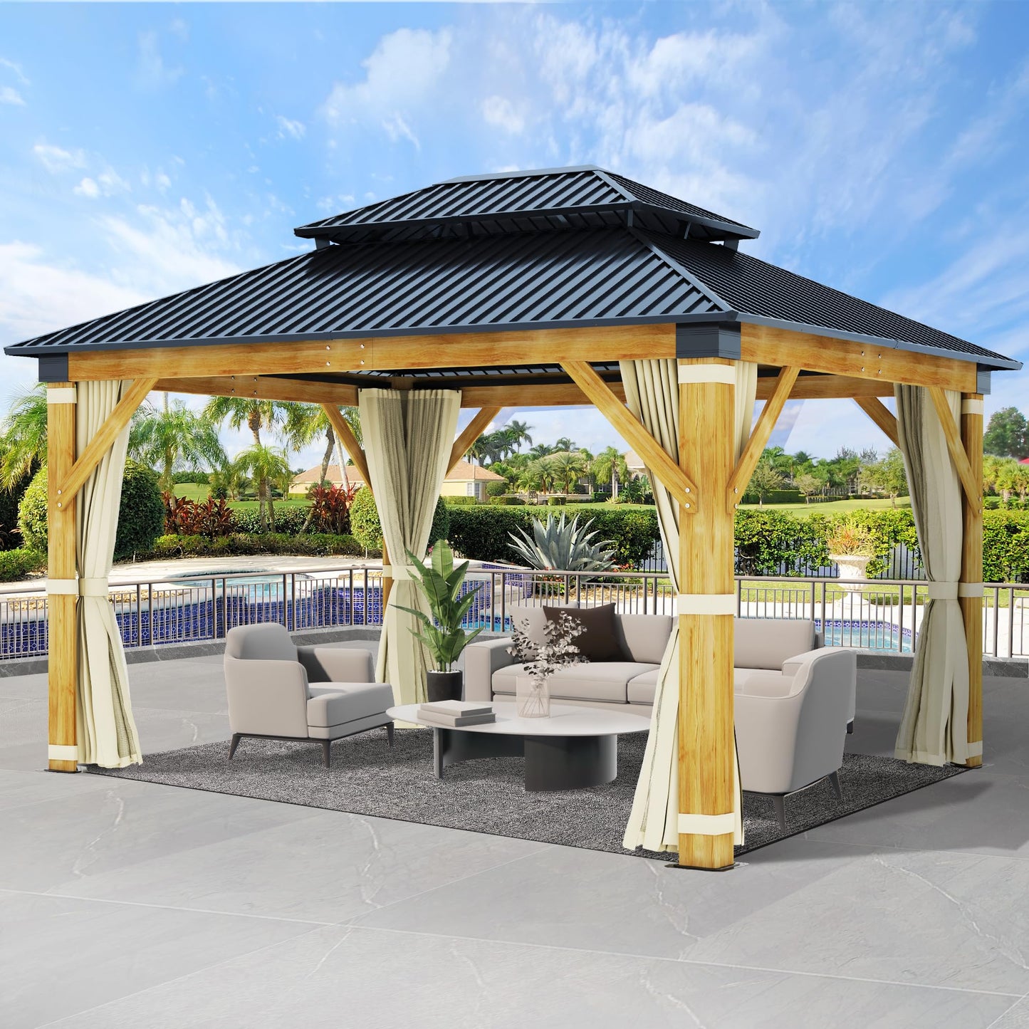 11'x13' Wood Gazebo, Hardtop Cedar Gazebo with Double Roof Galvanized Steel Top, Outdoor Solid Wooden Gazebo with Curtain & Netting for Garden, Patio, Deck, Backyard