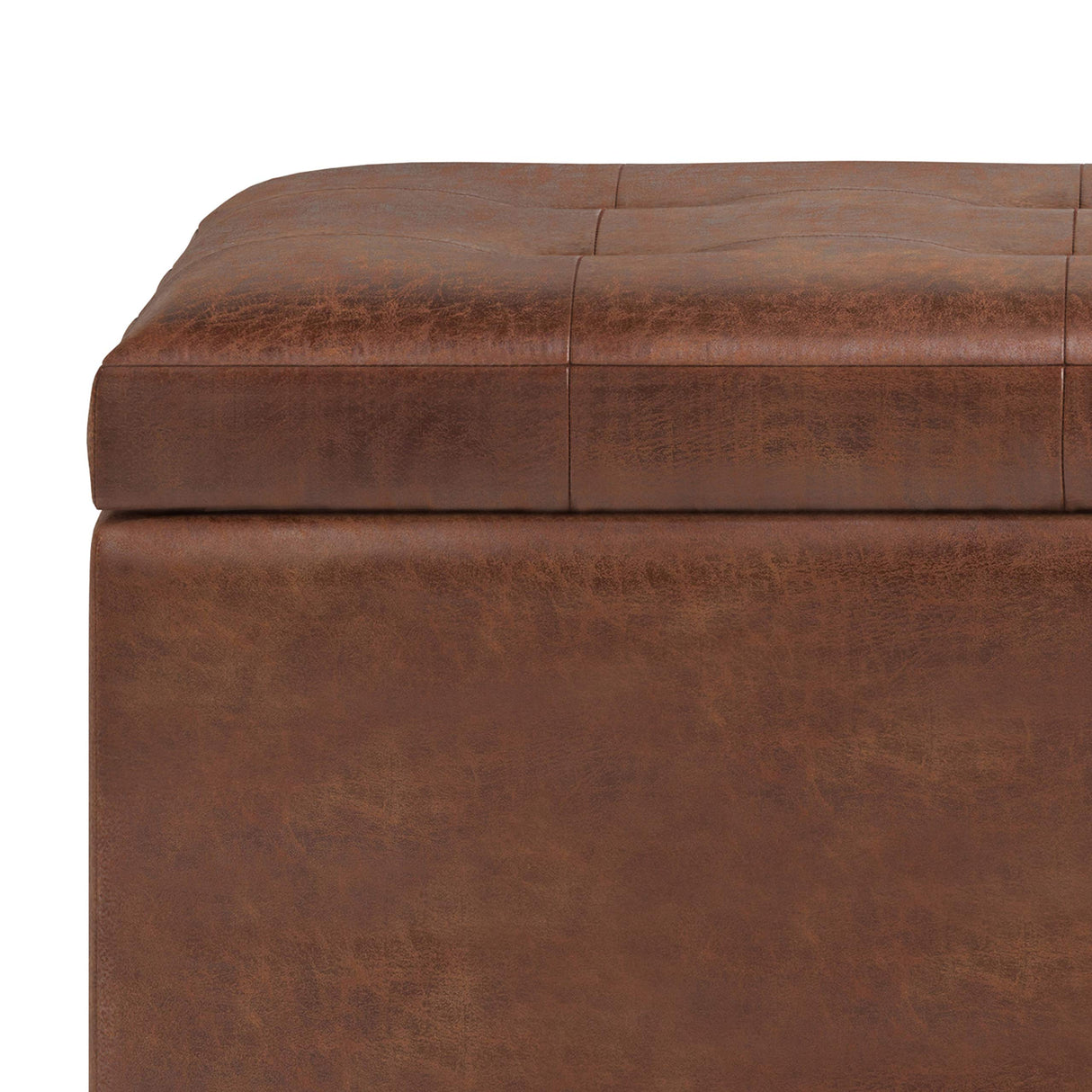 SIMPLIHOME Cosmopolitan Wide Transitional Rectangle Storage Ottoman Vegan Faux Leather, Assembled, for The Living, Entryway and Family Room, 34 inch, Distressed Saddle Brown SIMPLIHOME