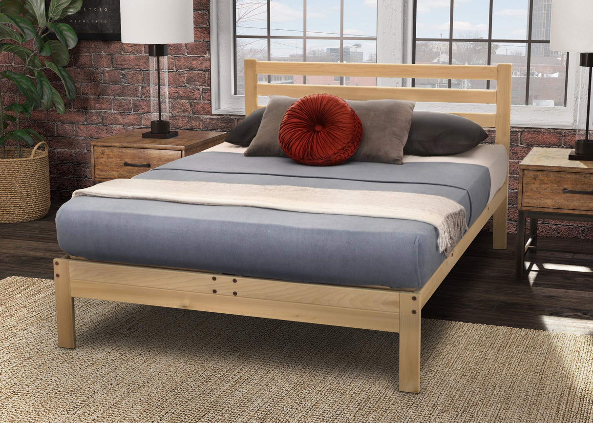 Lexington Natural Wood Platform Bed - Full Size, Minimalist Design with Slatted Headboard KD Frames