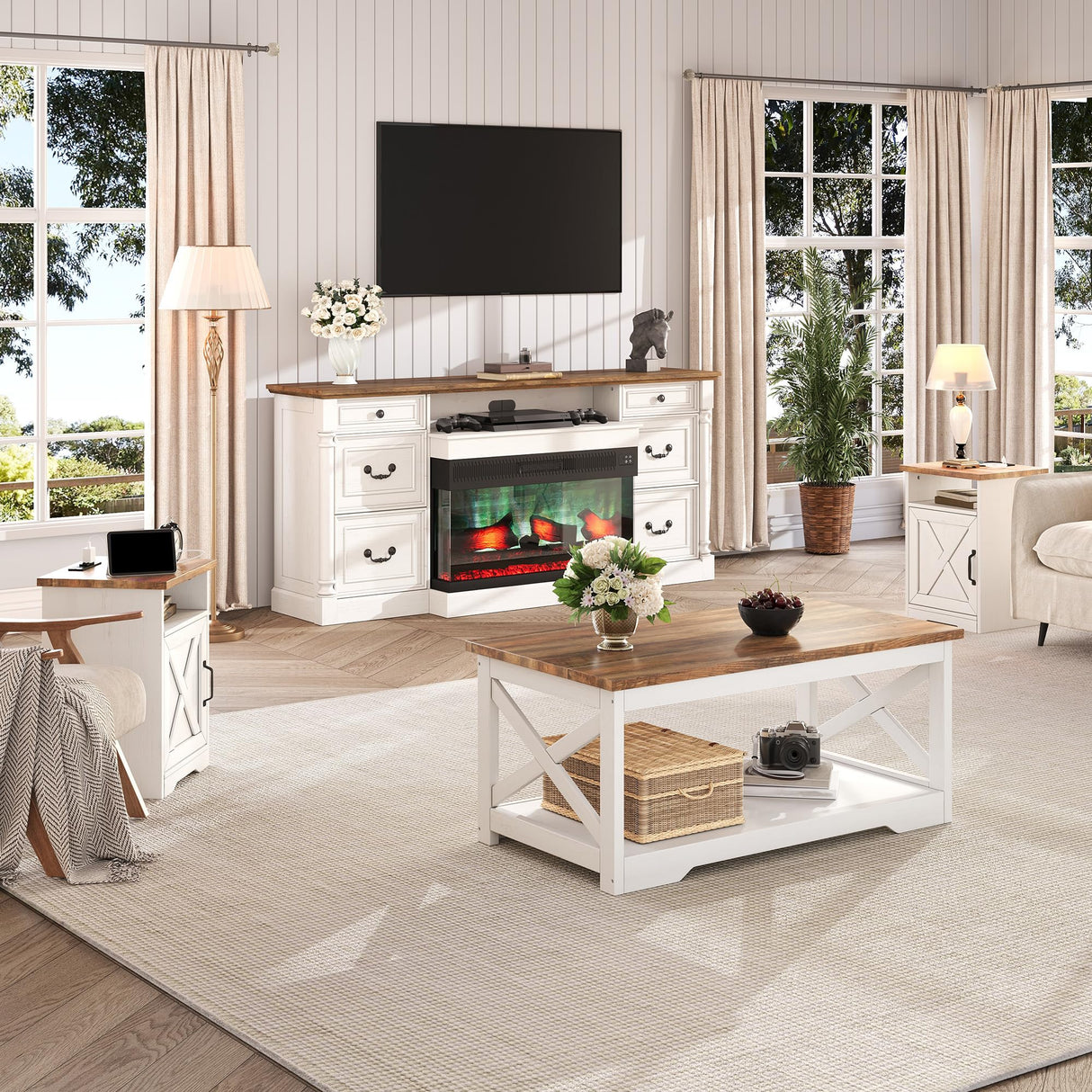 LUXOAK 3-Piece Farmhouse Living Room Table Sets, Includes 1 x Coffee Table, 2 x End Tables with Charging Station & USB Ports, Rustic Coffee Table Set of 3, Distressed White LUXOAK