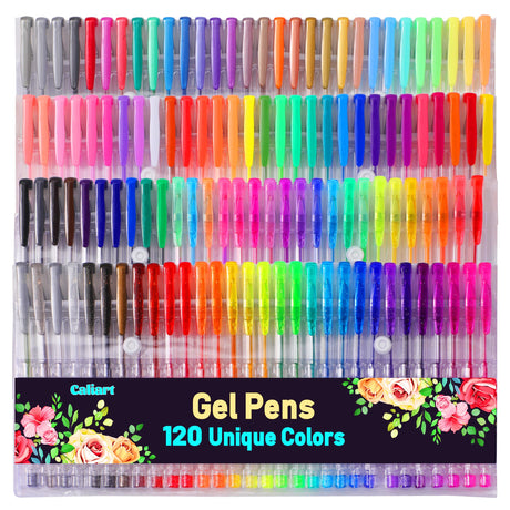 120 Color Gel Pens, 40% More Ink Fine Point Colored Pens, Neon Glitter Gel Pens for Adult Coloring Book, Drawing, Doodling, Scrapbook, Journaling, Sparkle Pen Gift for Kids Caliart