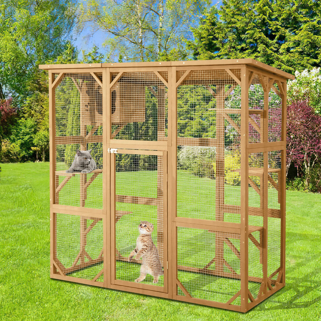 JOVNO Large Outdoor Cat House Catio Kitty Enclosure with Large Enter Door, Wooden Cat Cage Condo Indoor Playpen with 6 Platforms & Small House (Nature Wood) JOVNO