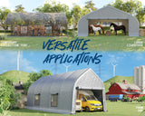 AMERLIFE 12 x 30 FT Walnut-Shaped Carport with Galvanized Frame, Roll-Up Doors & Mesh Windows, Heavy Duty Outdoor Canopy with Reinforced Ground Stacks, for Truck & Boat, Silver Gray AMERLIFE