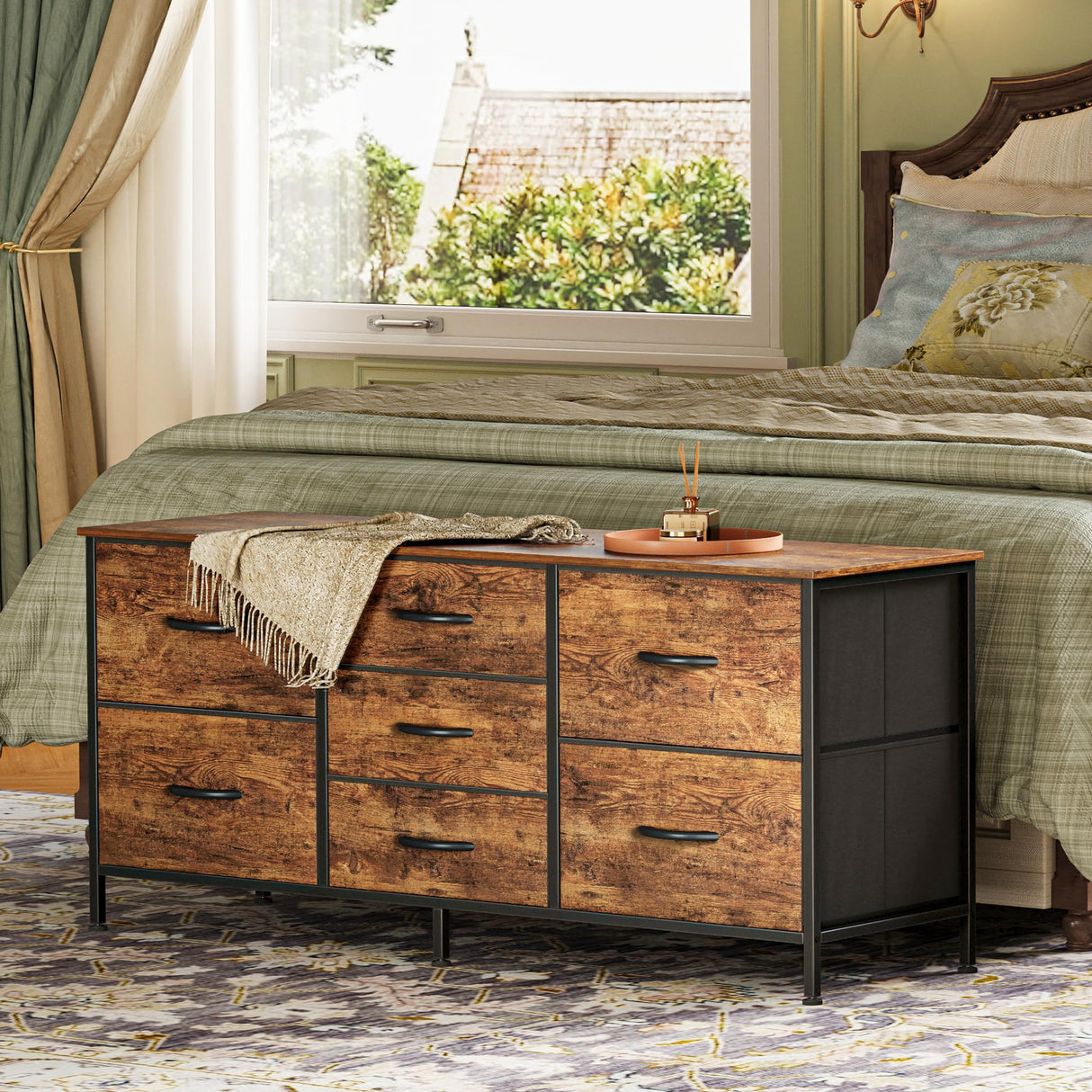 Huuger Dresser with 7 Drawers, 47 Inch Dresser TV Stand for 43, 50, 55 Inch TV, Wide Fabric Dresser Chest of Drawers, Metal Frame, Storage Dresser for Bedroom, Nursery, Clothing, Rustic Brown Huuger