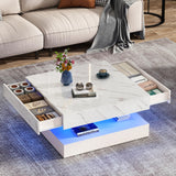 jiteentarou 33.9" LED Coffee Table with Storage, Modern High Glossy Living Room Table w/2 Drawers,Double-Layer Design Large Square Center Table for Living Room, Home, Office, White Marble jiteentarou