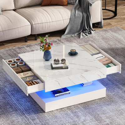 jiteentarou 33.9" LED Coffee Table with Storage, Modern High Glossy Living Room Table w/2 Drawers,Double-Layer Design Large Square Center Table for Living Room, Home, Office, White Marble