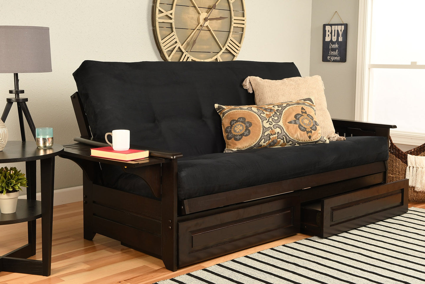 Phoenix Full Size Futon Couch with Espresso Finish with Suede Black Mattress Included - Wooden Frame - Solid Hardwood Construction