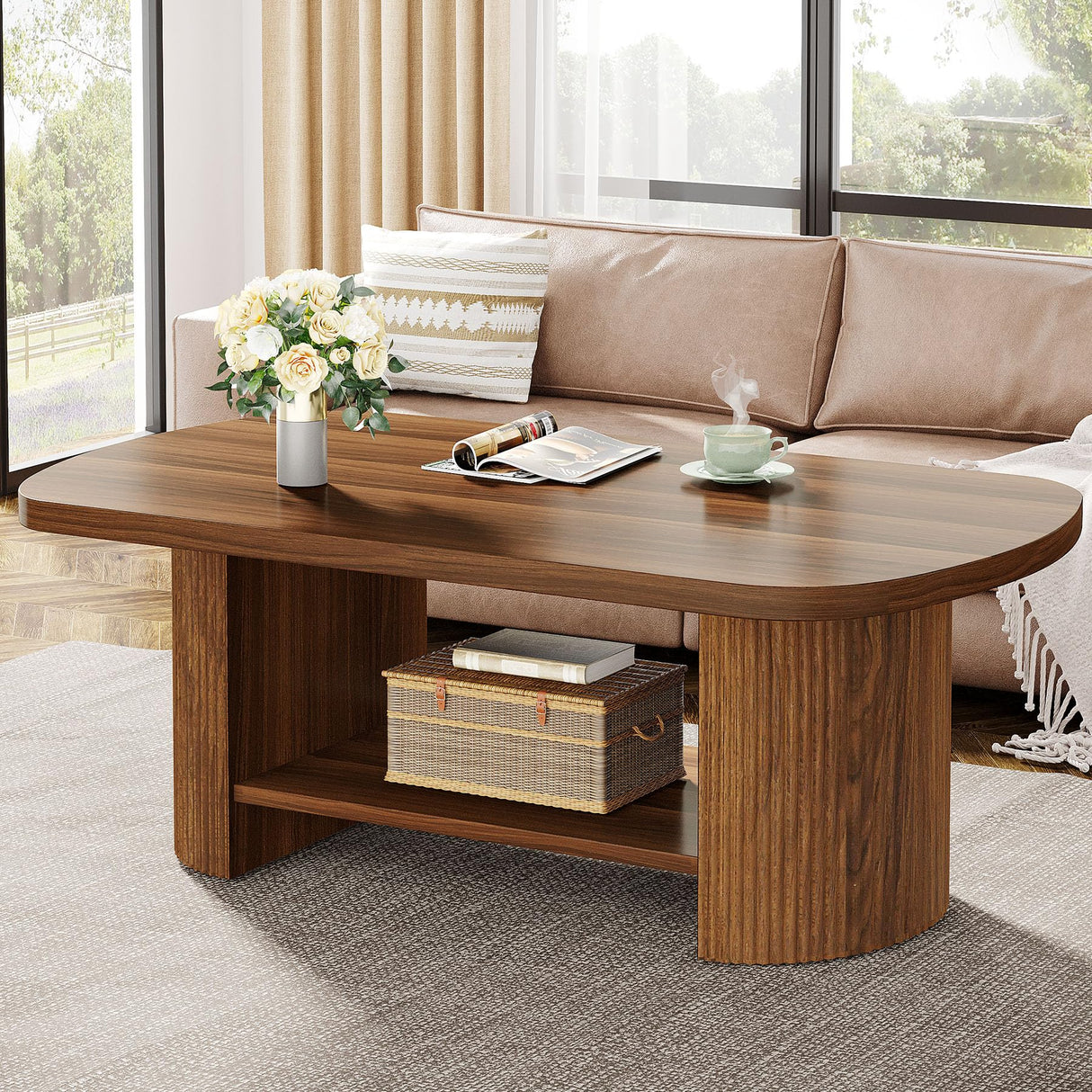 Tribesigns Oval Coffee Table, Mid-Century 2-Tier Coffee Table with Storage Shelf, Modern 45.27" Accent Center Table with Wooden Dual Base for Living Room Bedroom Apartment, Rustic Brown Tribesigns