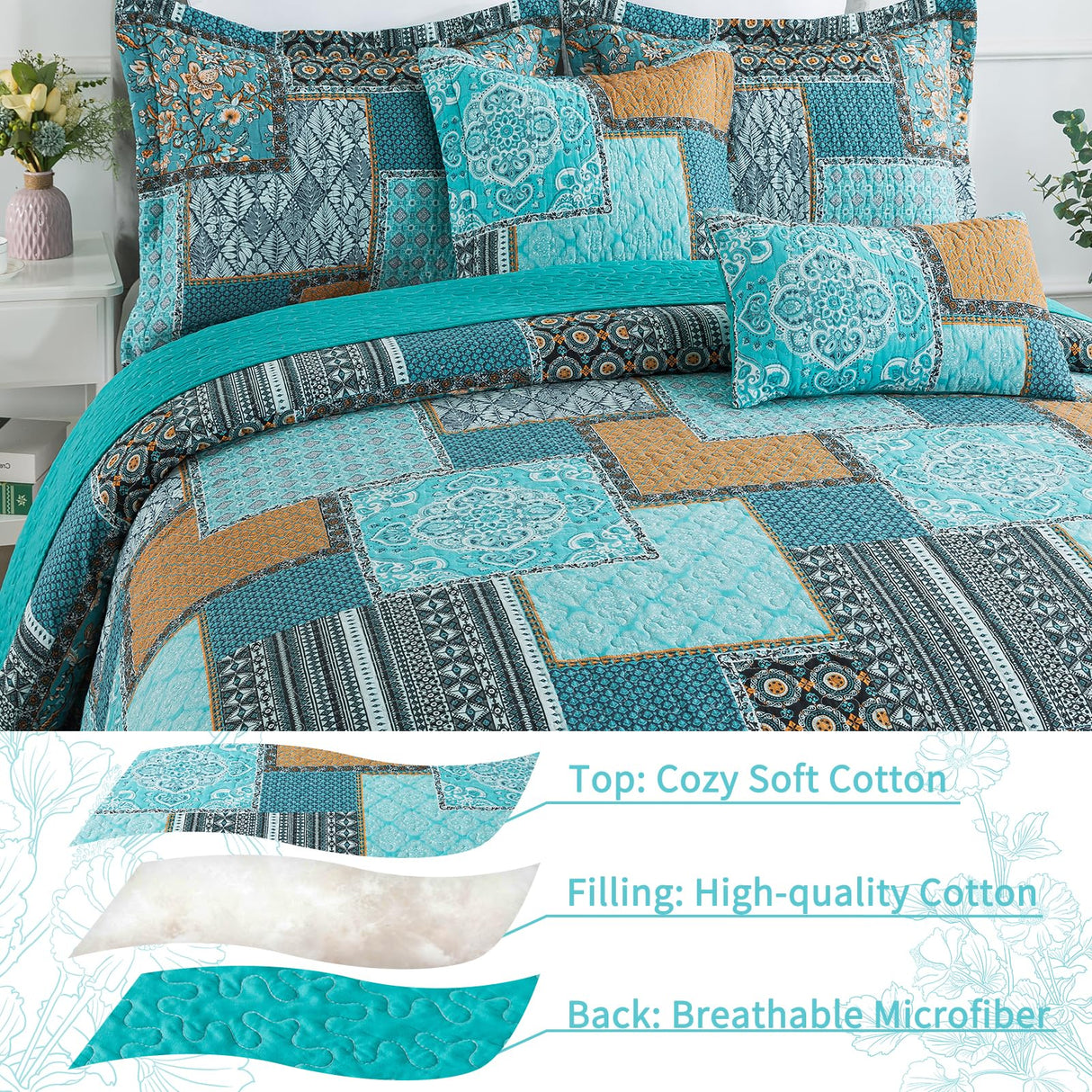 VAPUTAR Oversized King Size Quilt Bedding Set - Cotton California King Size Bedspreads (108 * 118 in) - Lightweight Floral Quilts for Farmhouse Bedroom (Teal/Green Chic, 3 Pieces) VAPUTAR