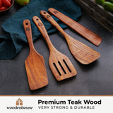 Wooden Spatula for Cooking, Kitchen Set of 4, Natural Teak Wooden Utensils including Paddle, Turner Spatula, Slotted Spatula and Wood Scraper. Nonstick cookware. WOODENHOUSE LIFELONG QUALITY