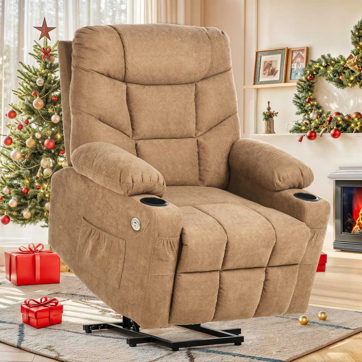 YITAHOME Electric Power Lift Recliner Chair for Elderly, Fabric Recliner Chair with Massage and Heat, Spacious Seat, USB Ports, Cup Holders, Side Pockets, Remote Control (Brown) YITAHOME