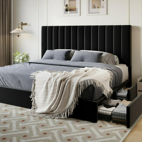 SHA CERLIN King Size Platform Bed Frame with 4 Storage Drawers, Vertical Channel Tufted Adjustable Headboard, Velvet Upholstered, Wooden Slats Support, No Box Spring Needed, Easy Assembly, Black SHA CERLIN