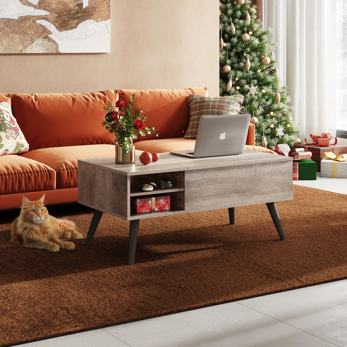 WLIVE Lift Top Coffee Table with Storage for Living Room,Small Hidden Compartment and Adjustable Shelf,Mid Century Modern ,Wood,Greige WLIVE