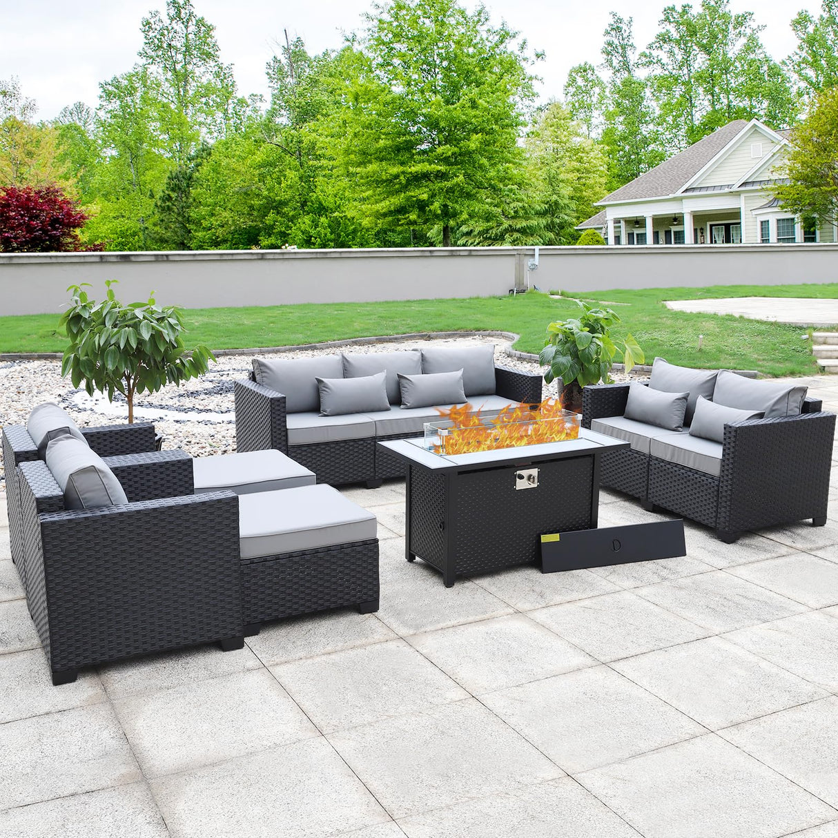Rattaner 7 PCS Outdoor Furniture Sets 60000BTU 45-Inch Outdoor Propane Fire Pit Table Patio Furniture Set No-Slip Cushions and Waterproof Covers, Light Grey Rattaner