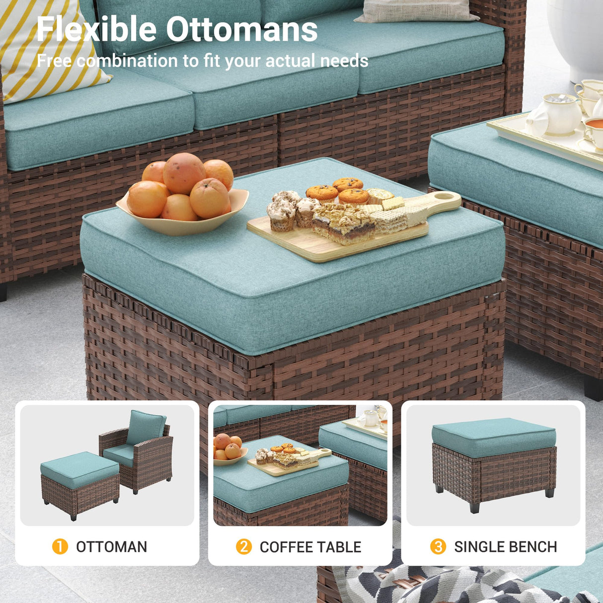 VONZOY 6 Pieces Patio Furniture Set with 44" Gas Fire Pit Table, Outdoor Sectional Conversation Sets, All-Weather Wicker Rattan Sofa w/Gas Fire Pit, Ottoman, Thick Cushion Light Blue VONZOY