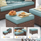 VONZOY 6 Pieces Patio Furniture Set with 44" Gas Fire Pit Table, Outdoor Sectional Conversation Sets, All-Weather Wicker Rattan Sofa w/Gas Fire Pit, Ottoman, Thick Cushion Light Blue VONZOY