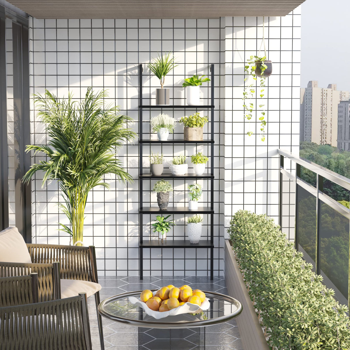 Furmax 5-Tier Bookshelf, Wall Mount Ladder Shelf with Wood Board and Industrial Metal Frame, for Home Office, Living Room, Bedroom, Entryway and Hallway Furmax