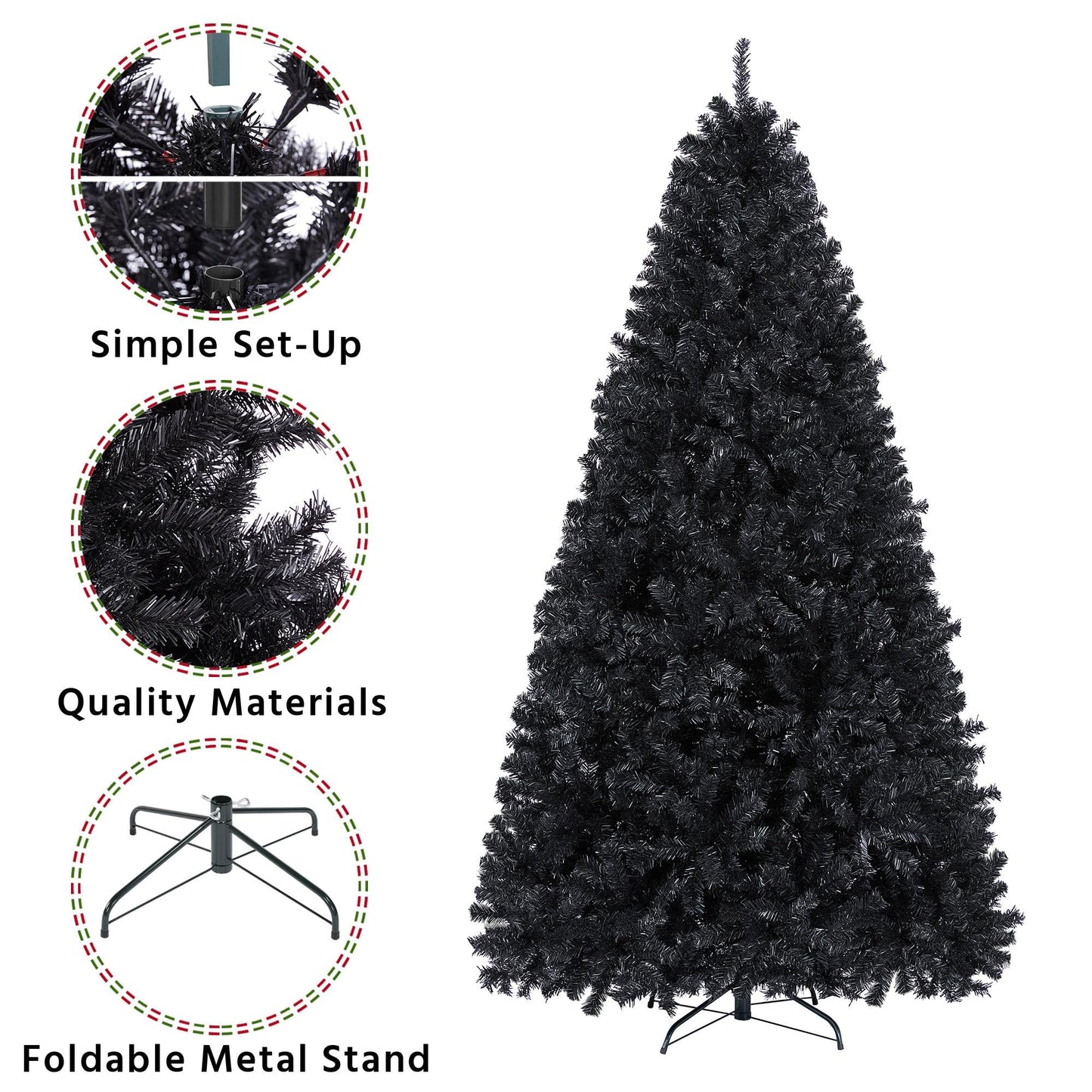 Yaheetech 7.5ft Black Artificial Christmas Pine Tree Seasonal Holiday Carnival Home Party Decoration for Home, Office Indoor Outdoor with 1749 Branch Tips and Foldable Stand