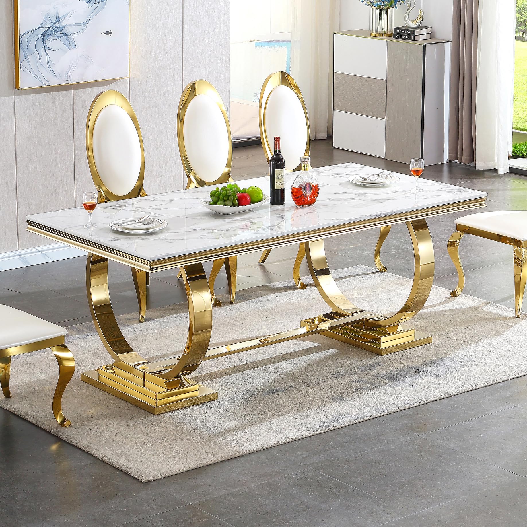 Henf 78.7" Luxury Marble Dining Table for 6-8 People White Gold Genuine Marble Kitchen Table with Mirrored Finish Stainless Steel Base, Contemporary Modern Large Long Dining Room Table (Table - WoodArtSupply