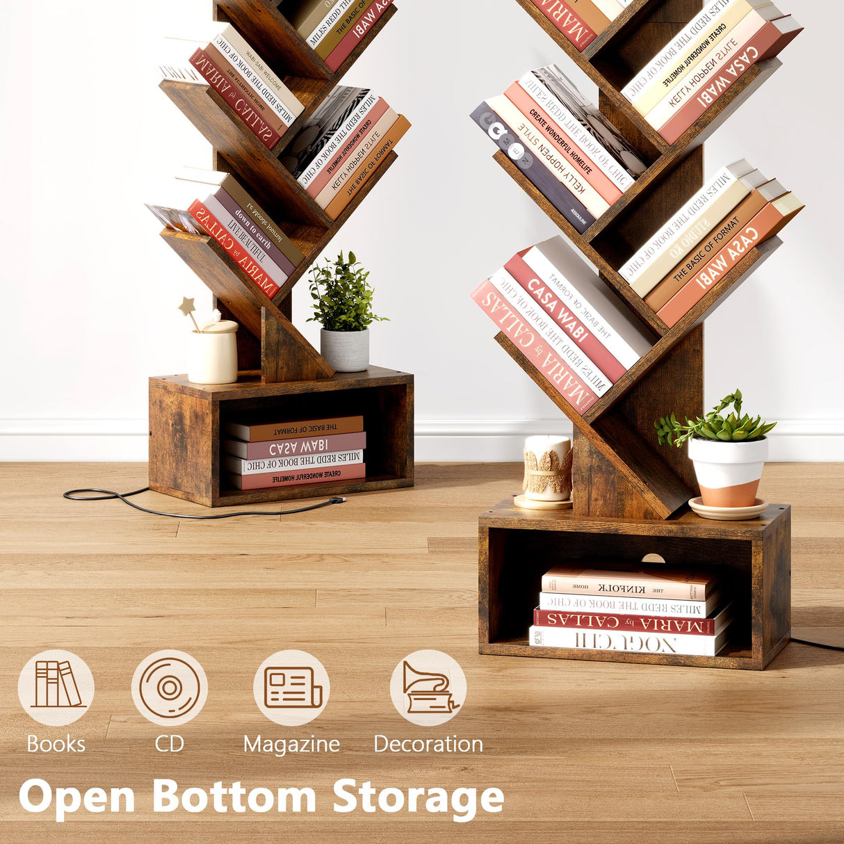 Hoctieon 6 Tier Tree Bookshelf, Tall Bookcase, Freestanding Book Shelf with LED Lights, Display Floor Standing Storage Shelf, Book Organizer Shelves for Home Office, Living Room, Rustic Brown Hoctieon