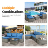 Shintenchi Outdoor Patio Furniture Sets, Small Outdoor Sofa Patio Sectional Sets 3-Piece All Weather Wicker Rattan Patio Seating Sofas with Glass Coffee Table and Cushion (Blue) Shintenchi