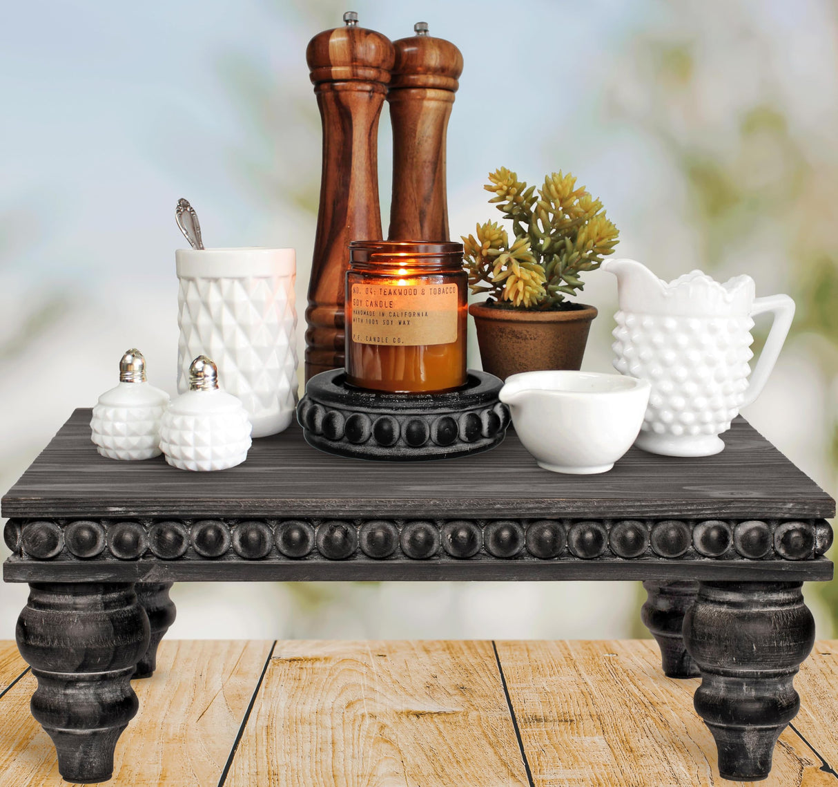 Felt Creative Home Goods Decorative Wood Risers for Decor | Tiered Tray Stand | Farmhouse Beaded Riser Stand for Decor | Wooden Pedestal Stand Large 12x16 Beaded Tray for Kitchen Coffee Bar (Black) Felt Creative Home Goods