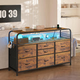 EnHomee Dresser for Bedroom with LED Lights & Charging Station, 7 Drawer Dresser with Open Shelf, Fabric Bedroom Dressers & Chest of Drawers for Closet, Entryway, Hallway, 4 Hooks, Rustic Brown EnHomee