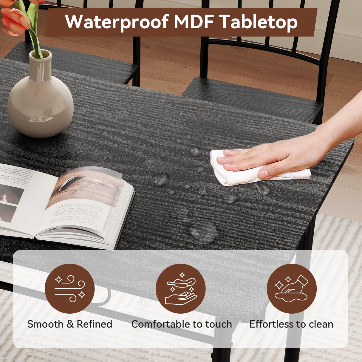 Vipbear Kitchen Dining Table Set for 4, 5-Piece Kitchen Table Set,Dining Room Table Sets,Rectangular Kitchen Table Set with 4 Chairs for Small Space, Dinette,Apartment,Rustic Black Vipbear