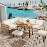 Senfot 6 Pieces Outdoor Patio Furniture Set with Table, All-Weather Boho Wicker Rattan Patio Sectional L-Shaped Sofa, Metal Frame, Detachable Cushions, for Patio, Balcony, Backyard, Deck, Beige Senfot